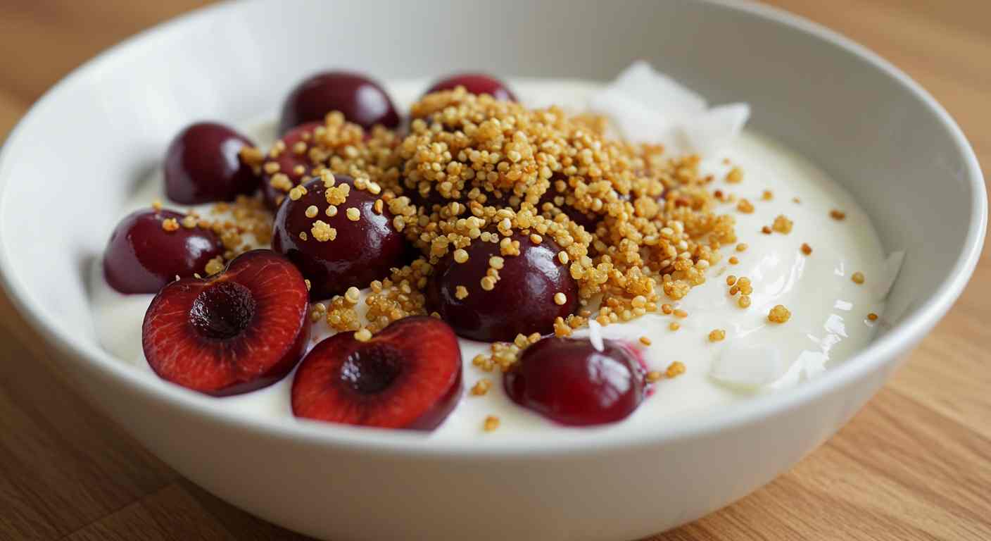 Yogur de Coco con Cerezas y Quinua Tostada