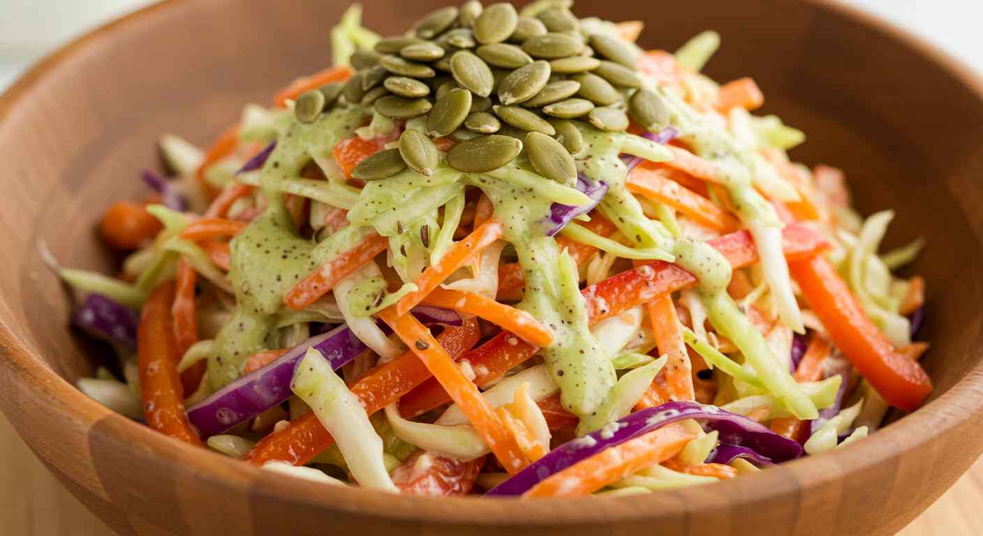 Ensalada de col arcoíris con semillas de calabaza y aderezo de comino y cilantro