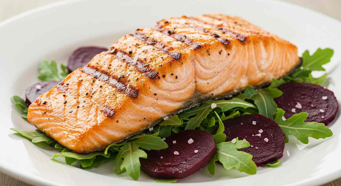 Salmón a la plancha sobre rúcula y remolacha amarilla - Especial para tiroides