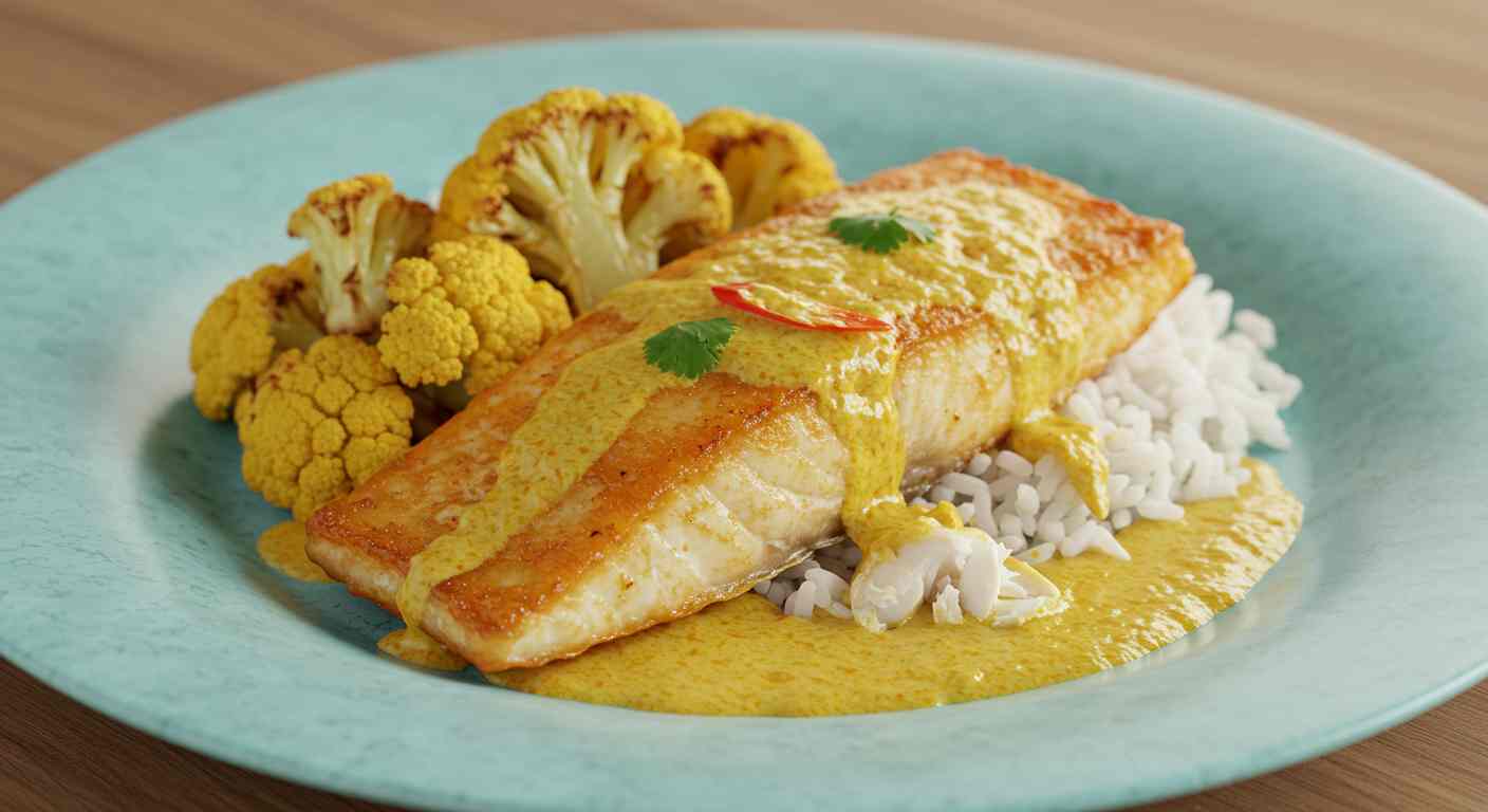 Pescado al curry de coco sobre coliflor arroz - Especial para tiroides
