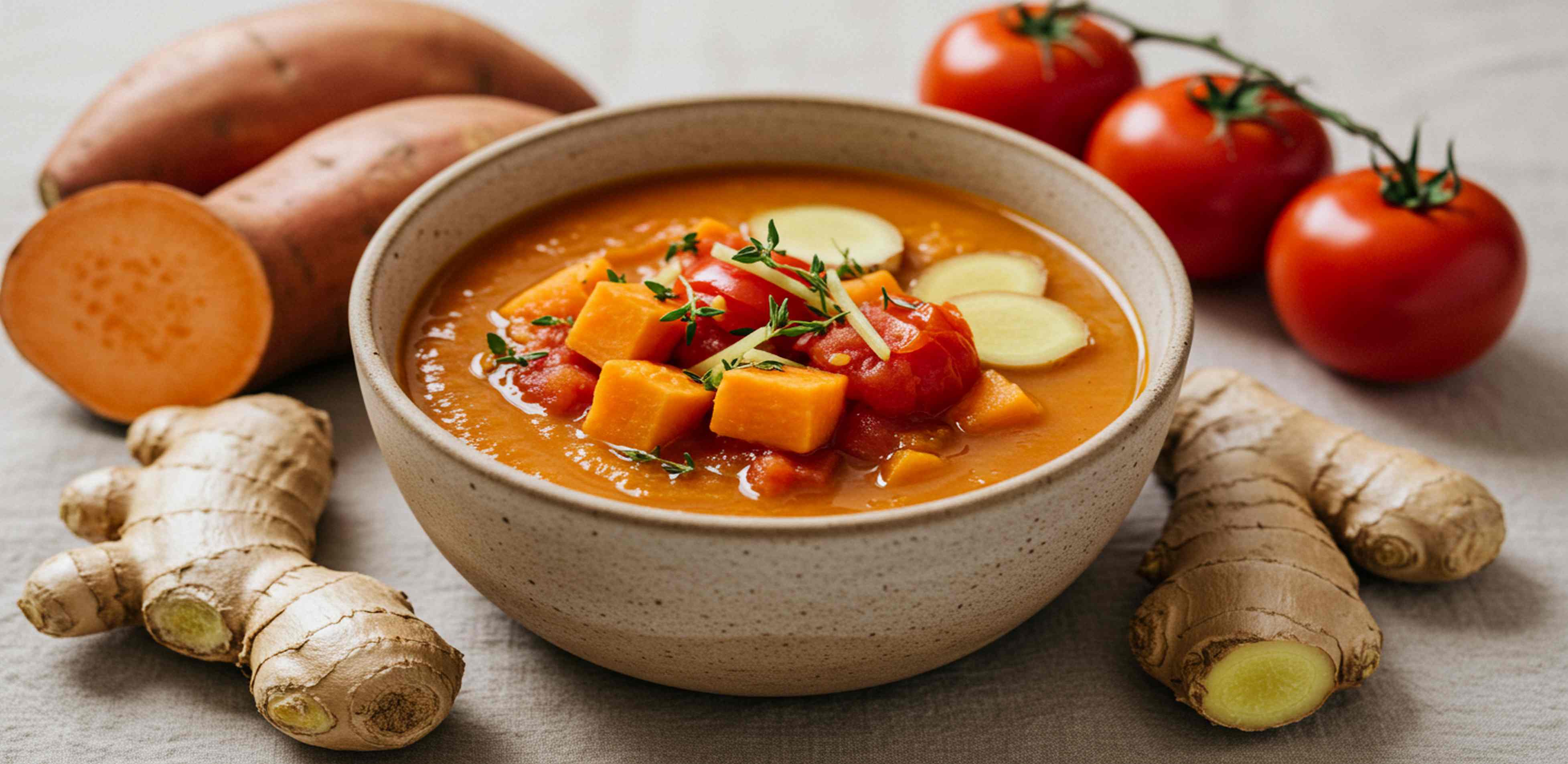 Sopa de camote, jengibre y tomate